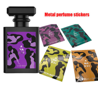 Koud stempelen Parfum Metalen Sticker Custom Zilveren Badge Rollen Papier Druk Verpakking Fles Goudfolie 3D Emboss Label